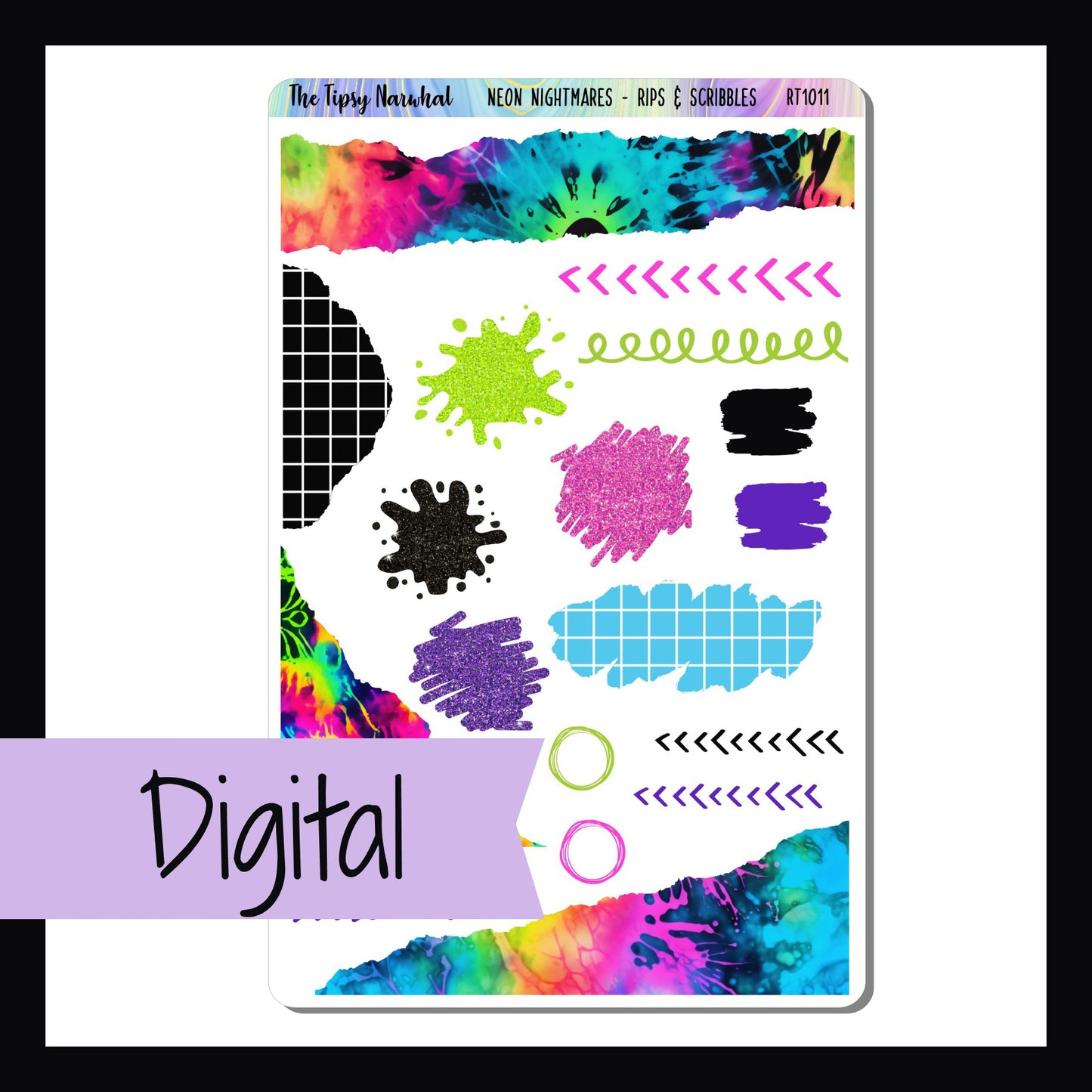 The Digital Neon Nightmares Rips & Scribbles Sheet is a digital/printable version of the sticker sheet by the same name.  It features a variety of stickers with a ripped, splash, or scribble style and is designed to match the Neon Nightmares collection. 