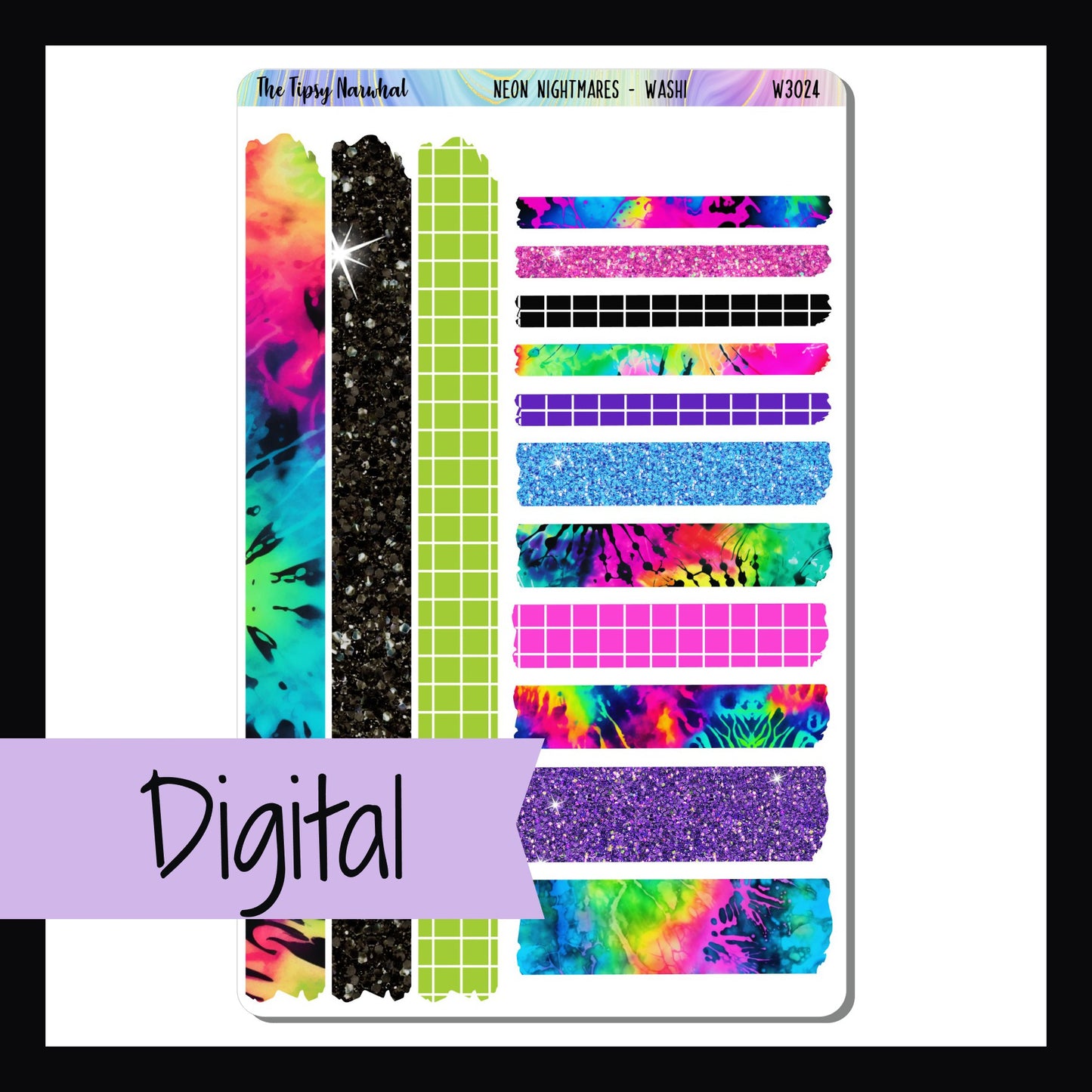 Digital Neon Nightmares Washi sheet is a digital/printable version of the sticker sheet by the same name.  It features 14 strips of washi stickers that coordinate with the Neon Nightmares collection. 