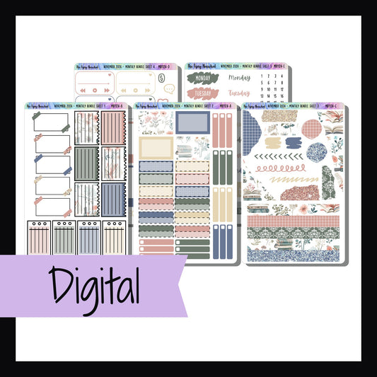 The Digital November 2024 Monthly Bundle is a digital/printable version of the sticker kit by the same name.  It is a 5 page sticker kit with a limited edition themed sized to fit most planners. 