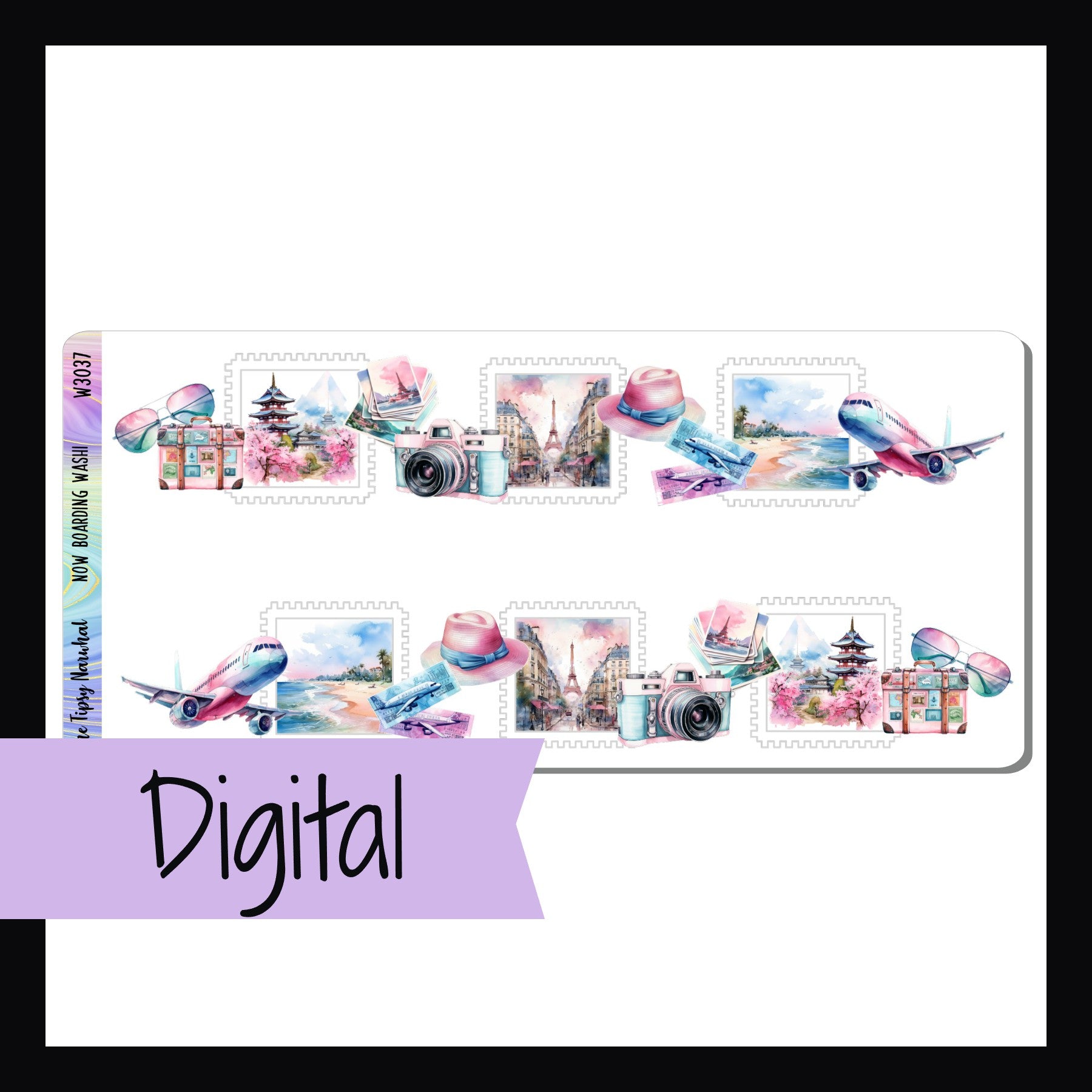 Digital Now Boarding Washi sheet is a digital/printable version of the sticker sheet by the same name.  It features two strips of travel themed washi that coordinates with the Leaving on a Jet Plane weekly kits. 