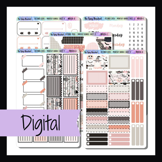 The Digital October 2024 monthly bundle is s a digital/printable version of the sticker kit by the same name.  It is a 5 page kit featuring a fun pink Halloween theme. 