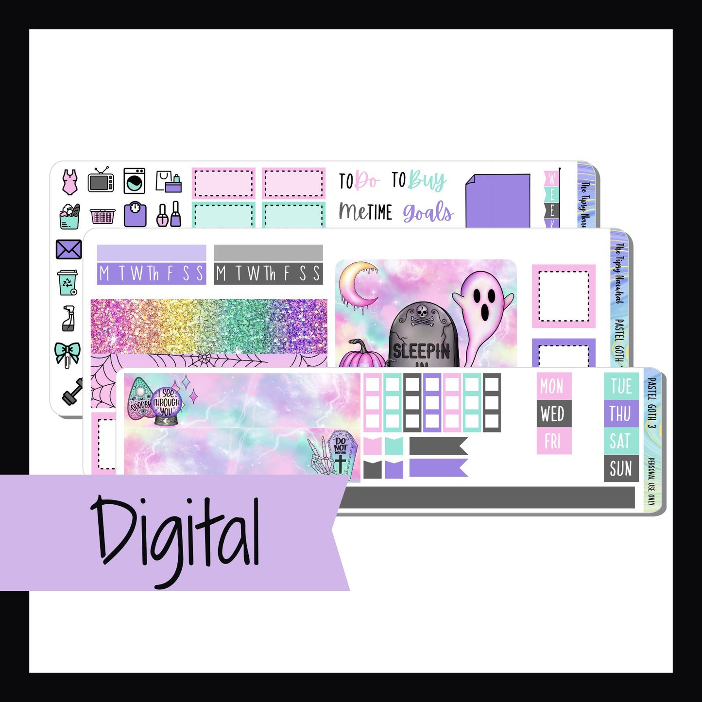 Digital Pastel Goth Hobonichi Weeks Kit is a digital/printable version of the Pastel Goth sticker kit.  This 3 page kit is sized to fit the Hobonichi Weeks and other similarly sized planners.  It features a spooky gothic theme mixed with soft pastel colors.