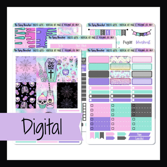 Digital Pastel Goth Vertical kit is a digital/printable version of the Pastel Goth Vertical Kit.  It is a 5 page sticker kit sized to fit popular vertical style planners.  Features a traditional gothic theme mixed with soft pastel pinks, lavenders and blues. 