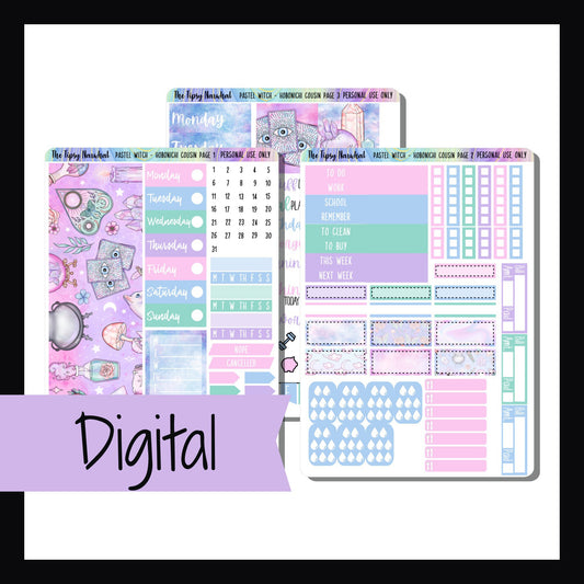 Digital Pastel Witch Hobonichi Cousin Kit is a digital/printable version of the Pastel Witch sticker kit.  This 3 page kit is sized to fit the Hobonichi Cousin and other similarly sized planners.  It features a witchy theme mixed with soft pastel colors.