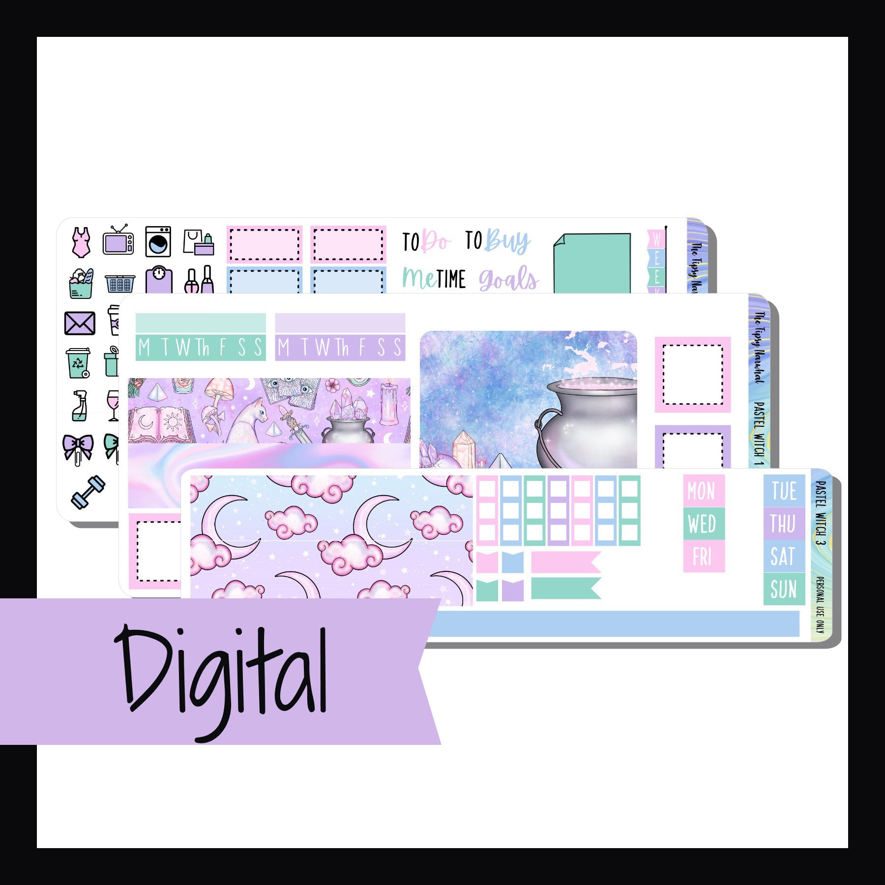 Digital Pastel Witch Hobonichi Weeks Kit is a digital/printable version of the Pastel Witch sticker kit.  This 3 page kit is sized to fit the Hobonichi Weeks and similarly sized planners. It features various witchy items mixed with soft pastel colors.