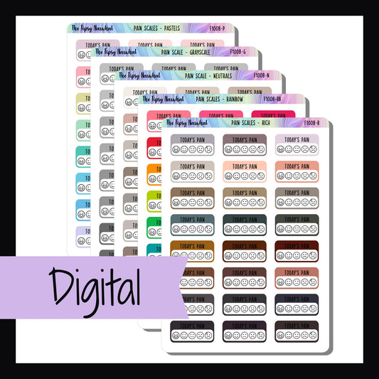 Digital Pain Tracking Stickers is a digital/printable version of the Pain Tracking Stickers. Track daily symptoms with these pain scales, all 5 color palettes included.