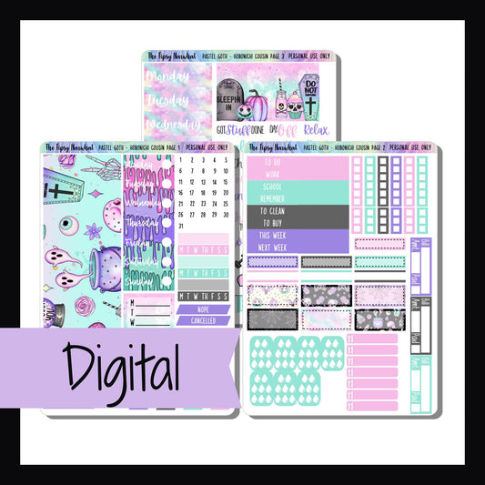 Digital Pastel Goth Hobonichi Cousin Kit is a digital/printable version of our Pastel Goth sticker kit.  This 3 page sticker kit is sized to fit the Hobonichi Cousin and other similar sized planners.  It features a spooky goth theme mixed with pastel colors.