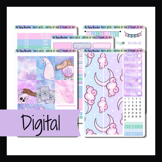 Digital Pastel Witch Vertical Kit is a digital/printable version of our Pastel Witch sticker kit.  It is a 5 page kit sized to fit vertical style planners.  Featuring a witchy theme in various pastel colors.