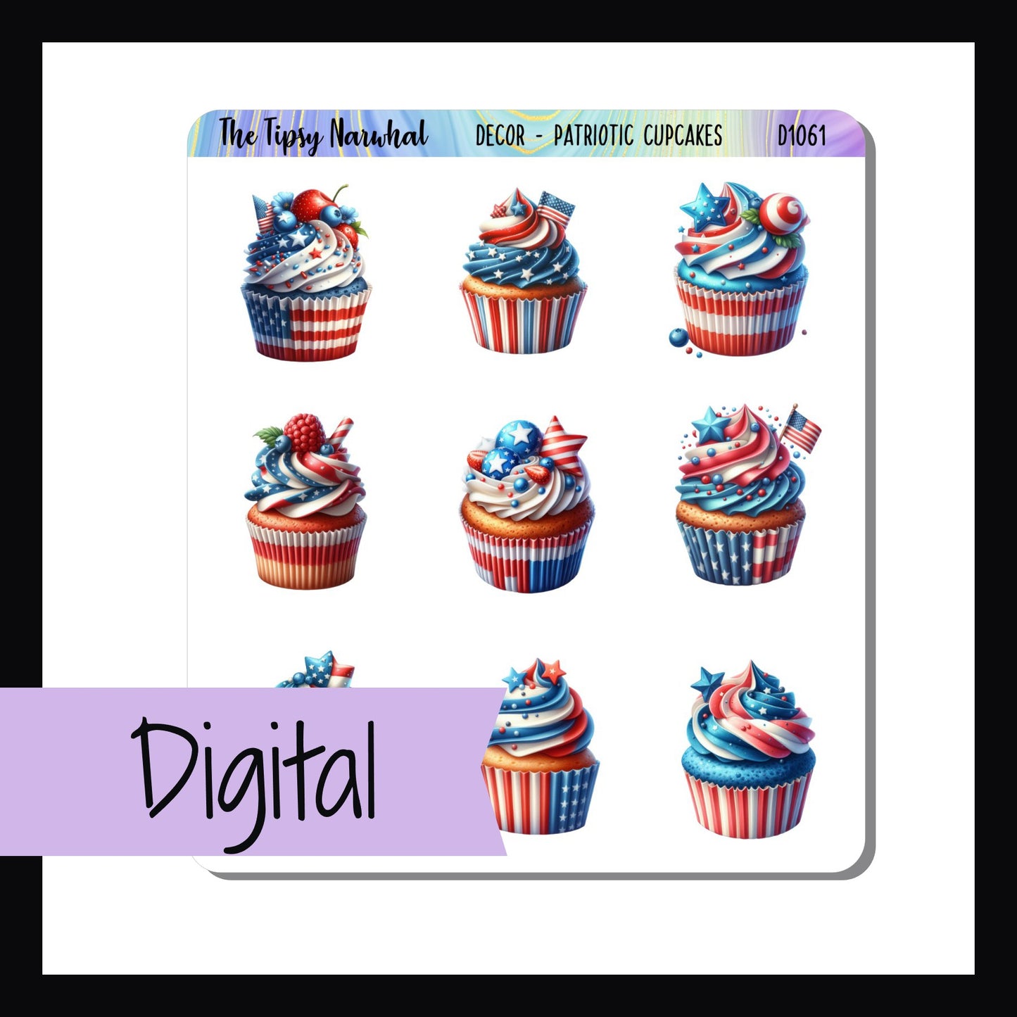 Digital Patriotic Cupcakes Decor Sheet