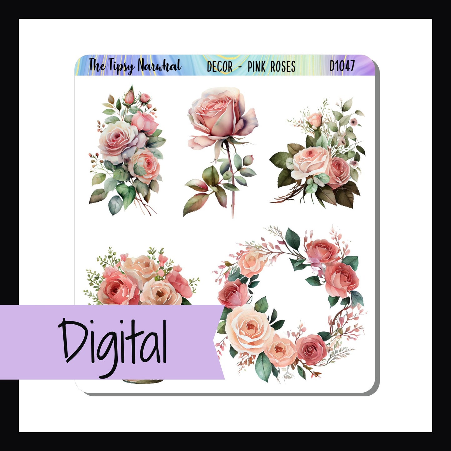 The Digital Pink Roses Decor Sheet is the digital/printable version of our Pink Roses Decor Sheet.  It features 5 stickers of various sizes all depicting pink roses.  Includes a rose wreath, single rose stem, and bouquets.