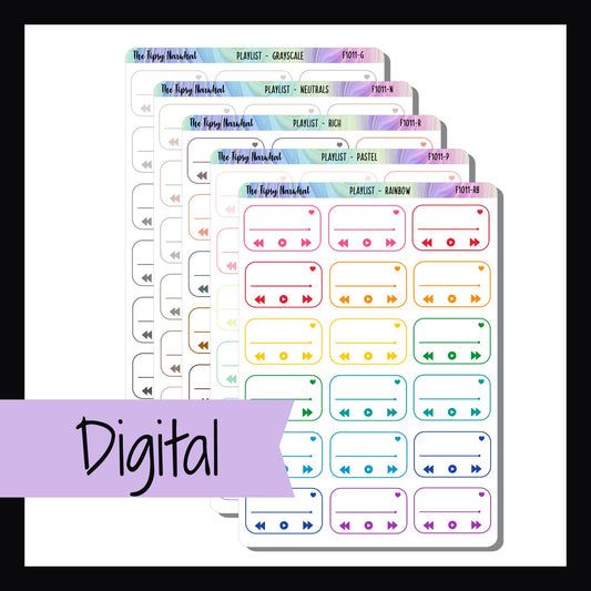 The Digital Playlist Tracking Stickers is a digital/printable version of the sticker sheets with the same name.  Fun way to track your current audio favorites.