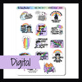Digital Rebel Trash Talk Pt 1 Decor Sheet is a digital/printable version of the sticker sheet with the same name.  It features 14 colorful stickers featuring adorable animals, rainbows, and snarky quotes.  Sticker size varies by design.