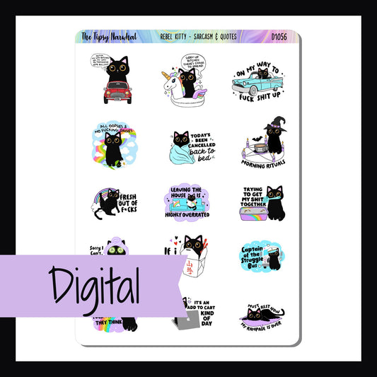 Digital Rebel Kitty Decor Sheet is a digital/printable version of the sticker sheet by the same name.  It features 15 colorful stickers each with a black cat and a unique snarky quote.  Sticker size varies by design.