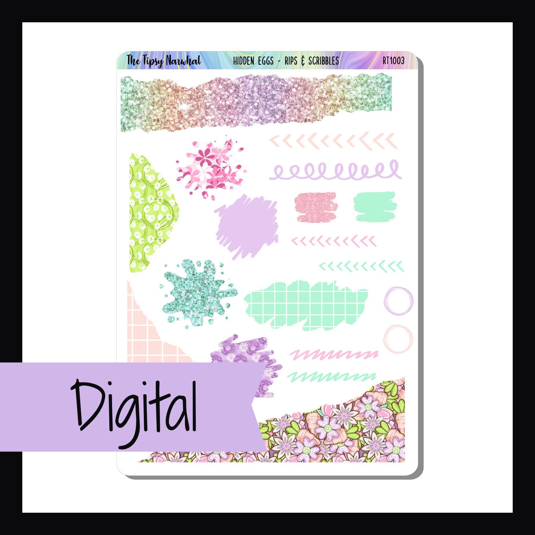 Digital Hidden Eggs Rips & Scribbles sheet features abstract stickers that match the Hidden Eggs sticker kits.  Contains ripped appearance stickers, paint splatters, brush stroke stickers and some doodle stickers.