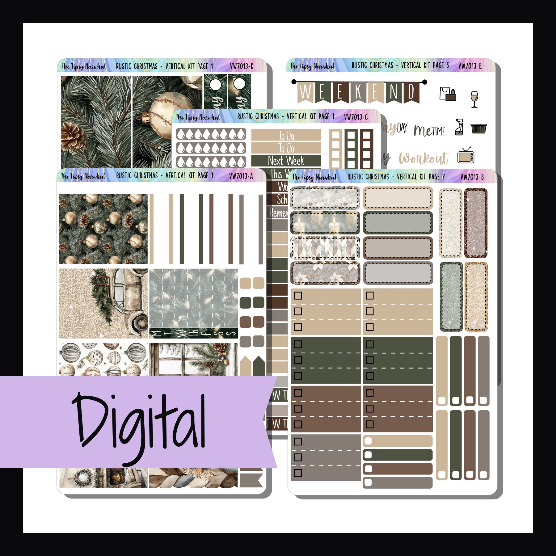 Digital Rustic Christmas Vertical Kit is a digital/printable version of the sticker kit with the same name.  Download includes files for all 5 sticker sheets.  Kit features a Christmas theme in a neutral color palette.