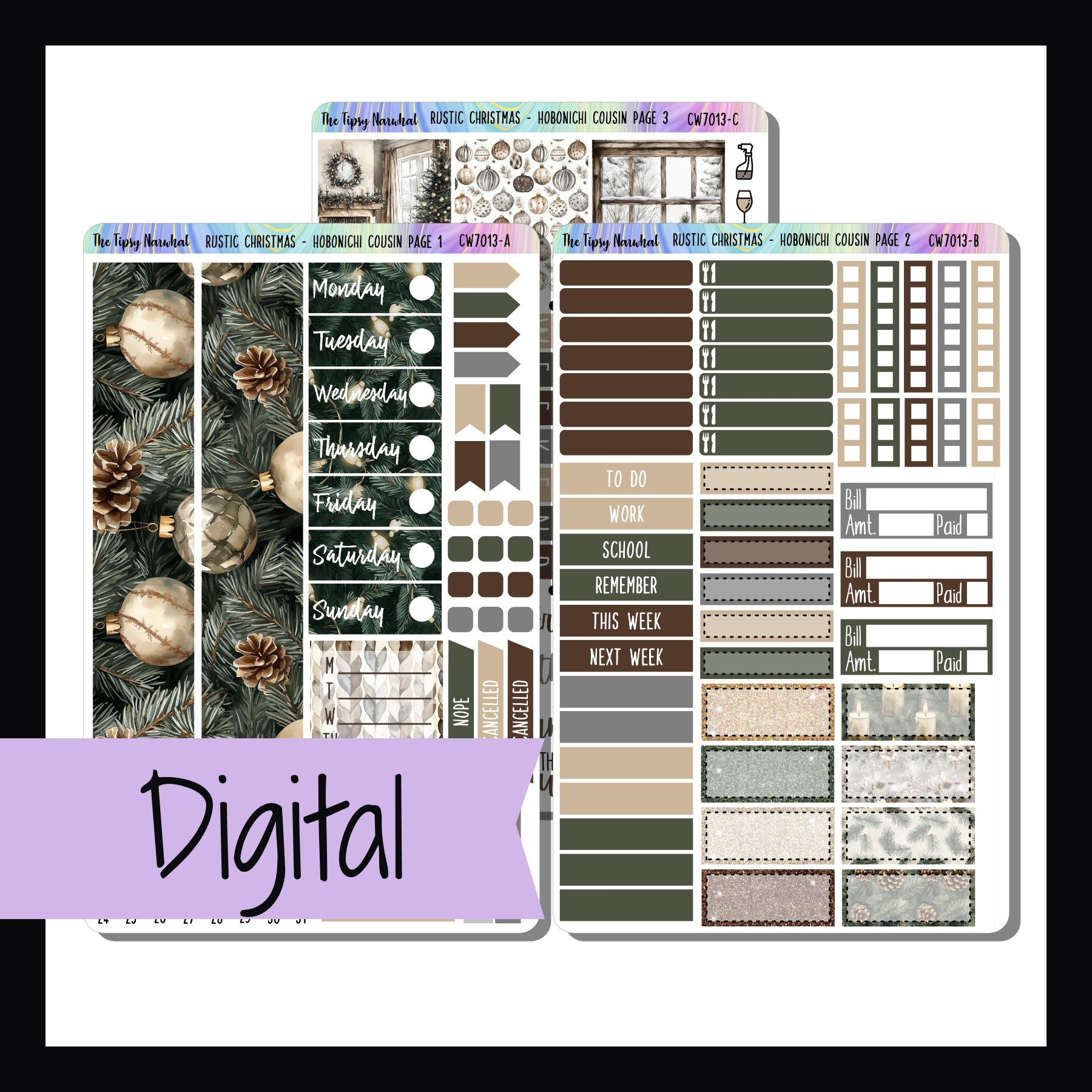 Digital Rustic Christmas Hobonichi Cousin Kit is a digital/printable version of the sticker kit with the same name.  It is a 3 page sticker kit sized to fit the hobonichi cousin planner format and features a neutral Christmas theme. 