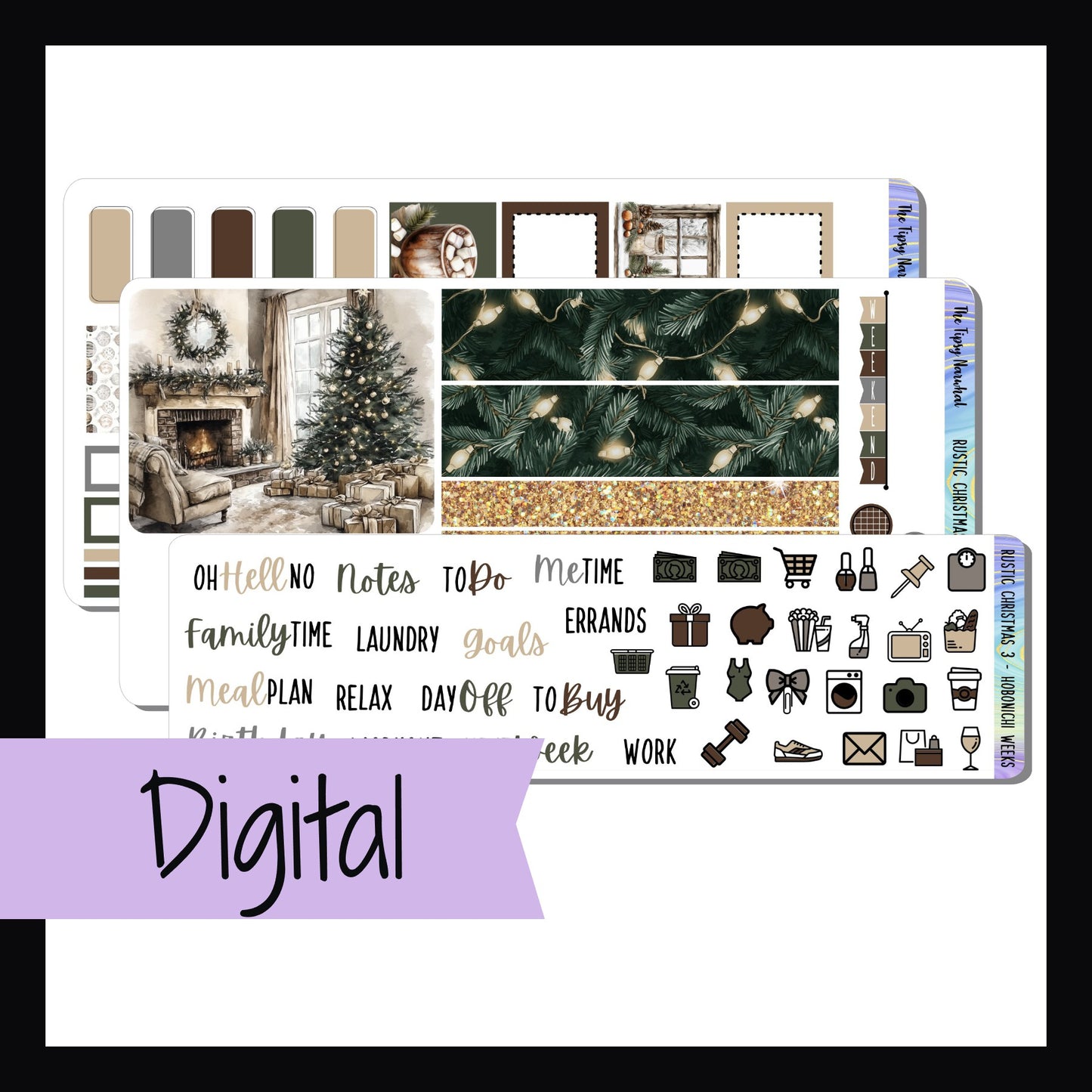 Digital Rustic Christmas Hobonichi Weeks is a digital/printable version of the kit with the same name.  It is a 3 page sticker kit designed to fit the hobonichi weeks style planners.  It features a christmas theme with a neutral color palette. 