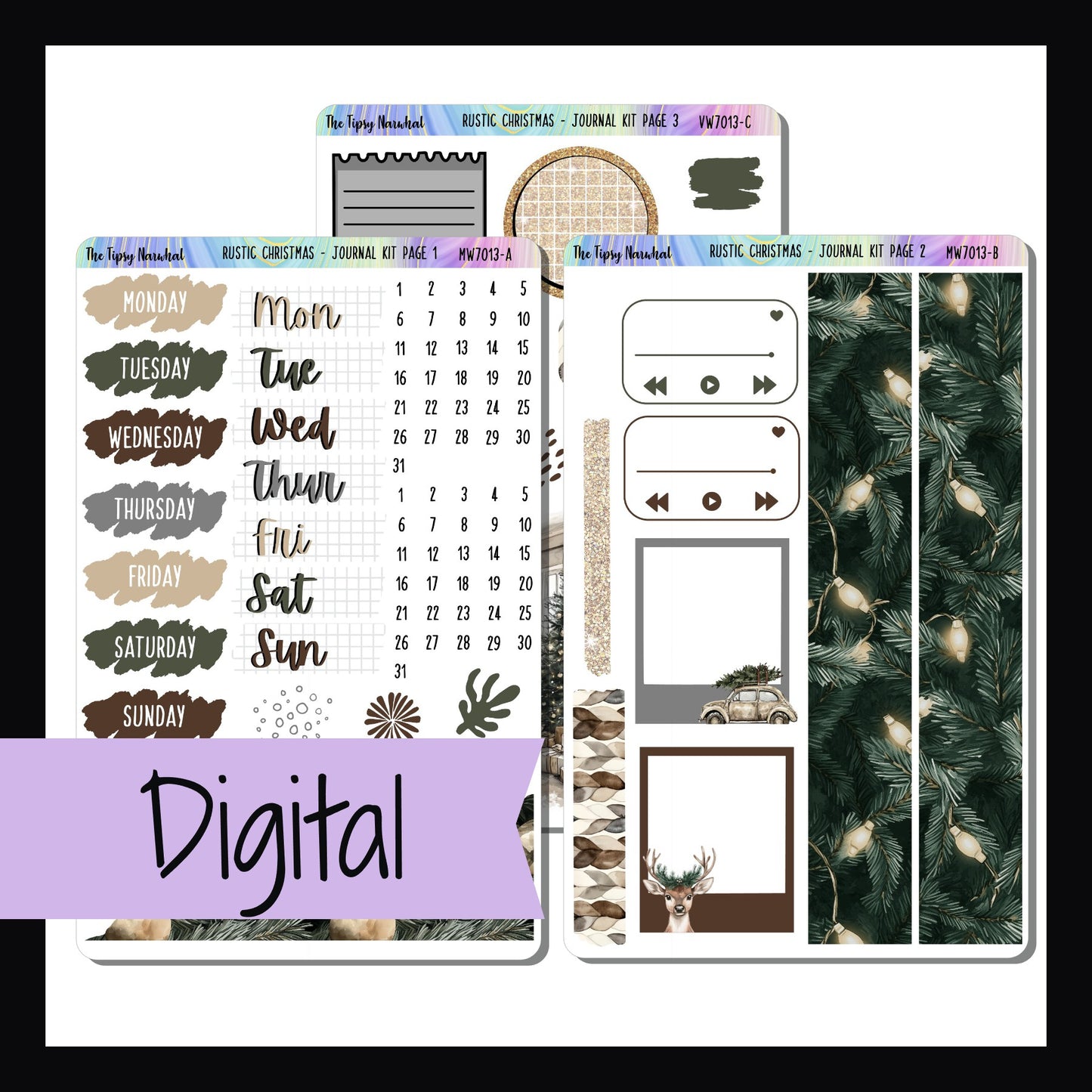 Digital Rustic Christmas Journal Kit is a digital/printable version of the sticker kit with the same name.  It is a decor focused kit designed with journaling in mind.  The theme is cozy Christmas and features a neutral color palette.