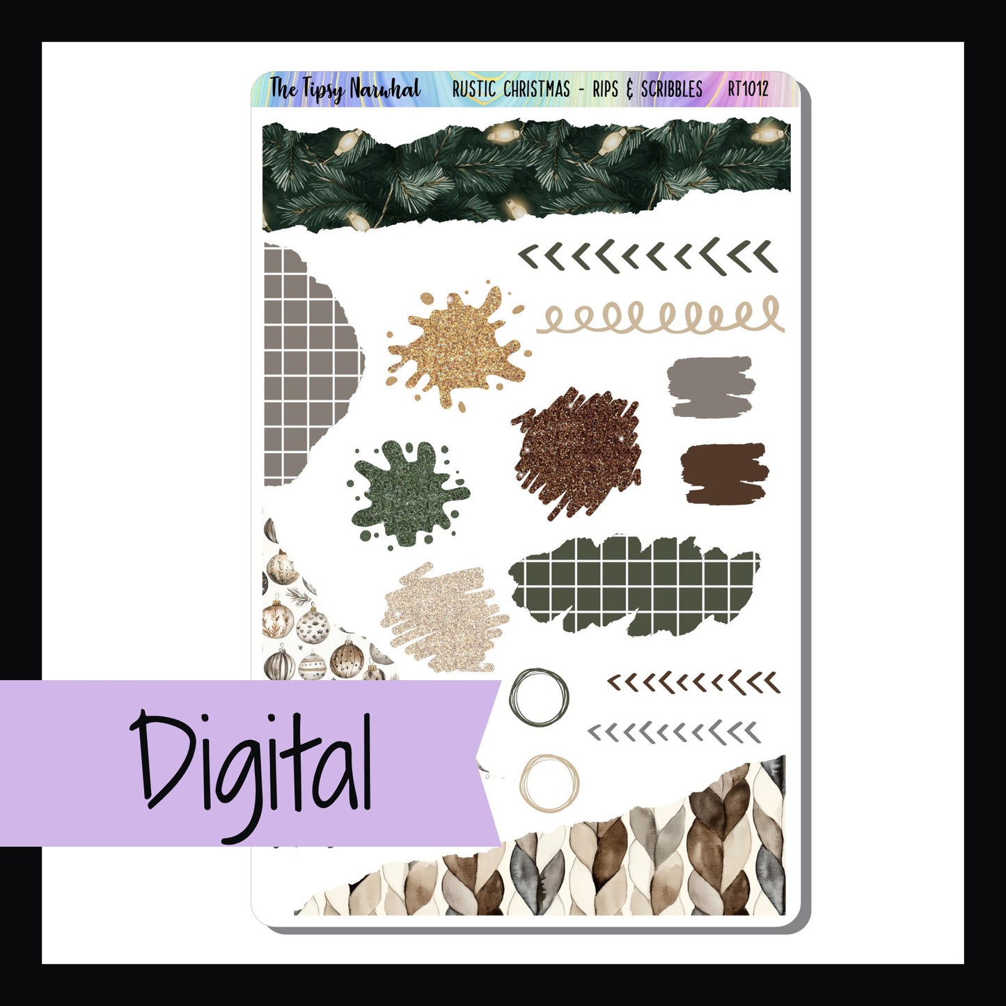 The Digital Rustic Christmas Rips & Scribbles sheet is a digital/printable version of the sticker sheet with the same name.  It features multiple stickers with a torn or ripped like appearance.  It also features many stickers with a scribbled or splattered ink like appearance. Coordinates with the Rustic Christmas sticker kits. 