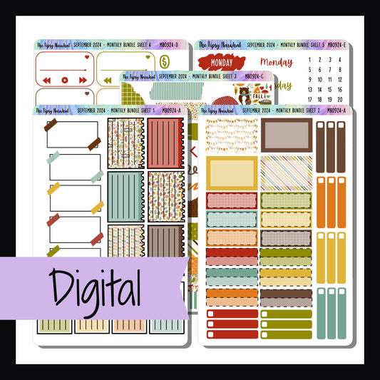 Digital September 2024 Monthly Bundle is a digital/printable version of the sticker kit by the same name.  It's a 5 page sticker kit full of functional stickers and features a limited edition theme and color palette.