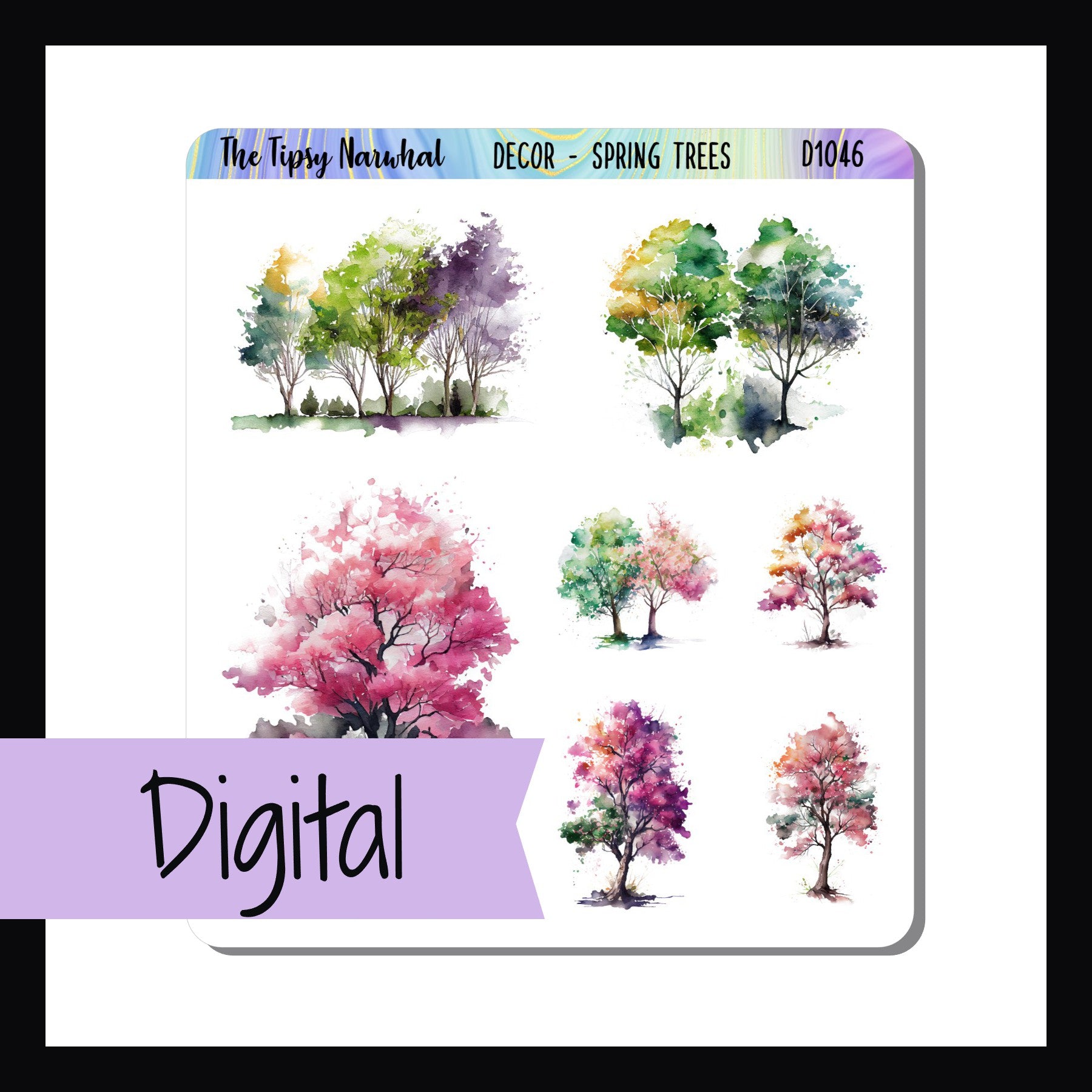 The Digital Spring Trees Decor Sheet is a digital/printable version of the Spring Trees Decor Sheet.  The sheet features 7 stickers of various sizes all depicting trees in the springtime.
