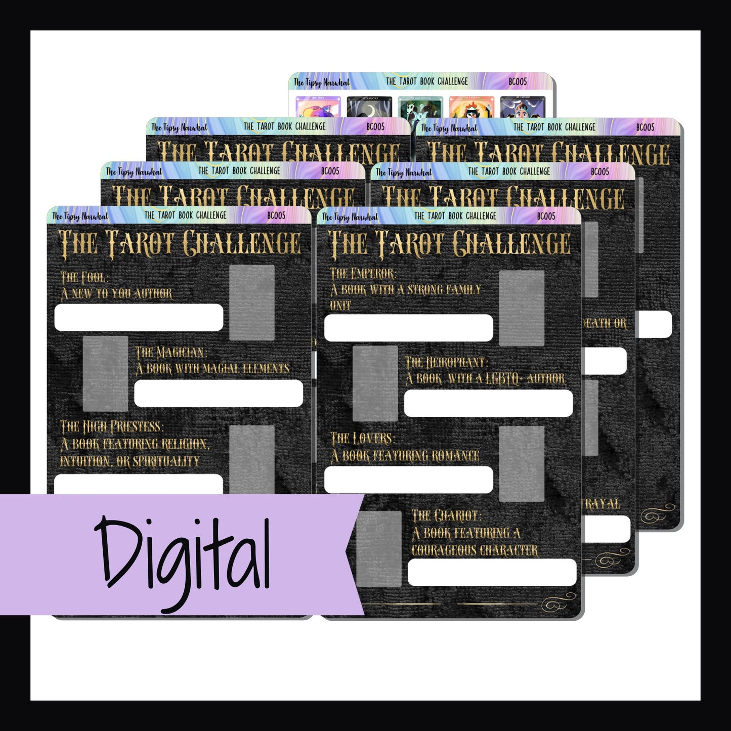 Digital Tarot Book Challenge is a digital/printable version of the sticker kit with the same name.  It is a 7 page kit featuring prompts to read books representing each of the 22 Major Arcana in a Tarot deck. 