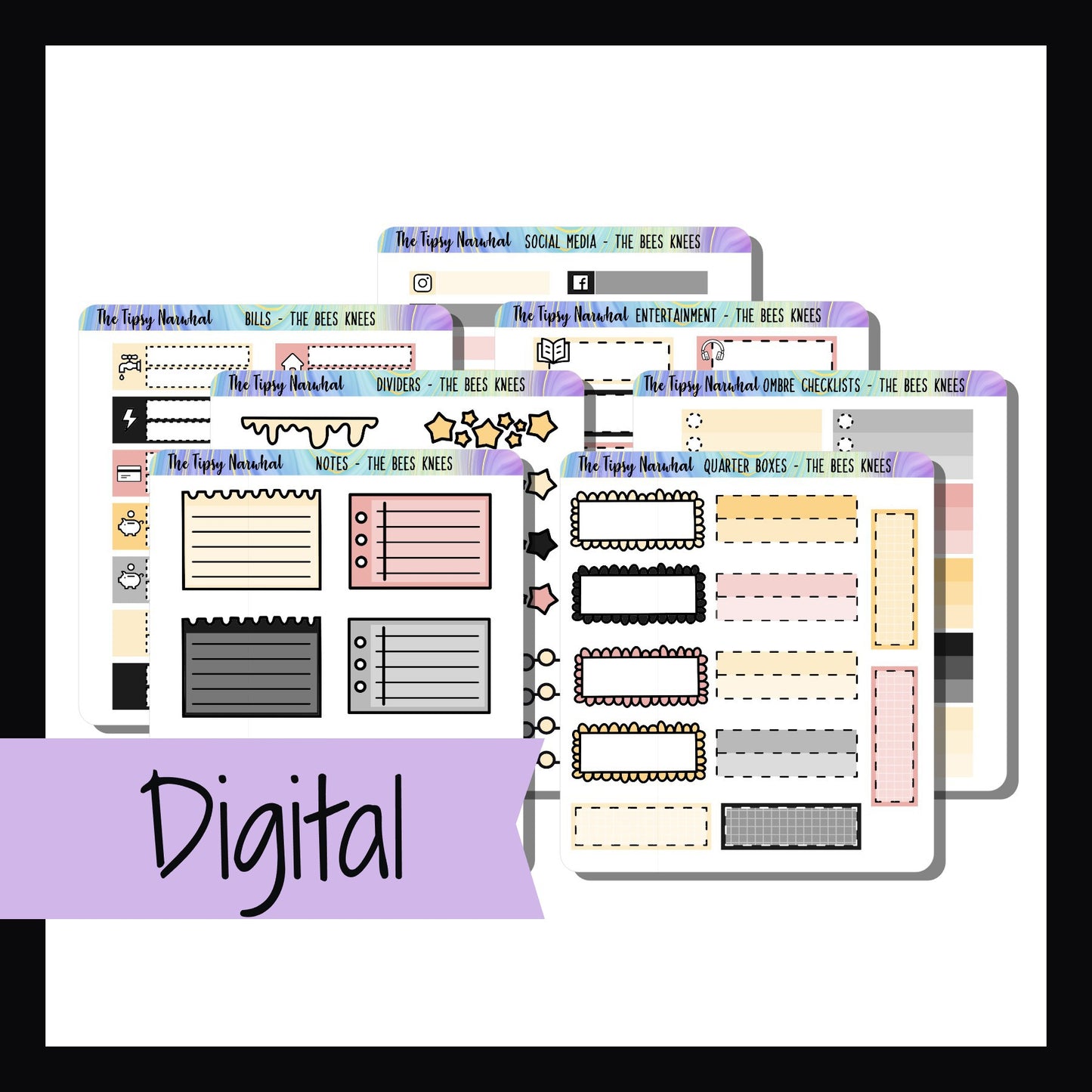 Digital The Bees Knees Functional Add-ons is a digital printable version of The Bees Knees functional add-on sheets.  It is a 7 page kit featuring varied functional stickers that match The Bees Knees weekly kits. 