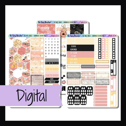 Digital The Bees Knees Hobonichi Cousin Kit is a digital printable version of The Bees Knees Hobonichi Cousin Kit.  The sticker kit features bees, flowers, and honey in a beautiful pink, yellow and black color palette. 
