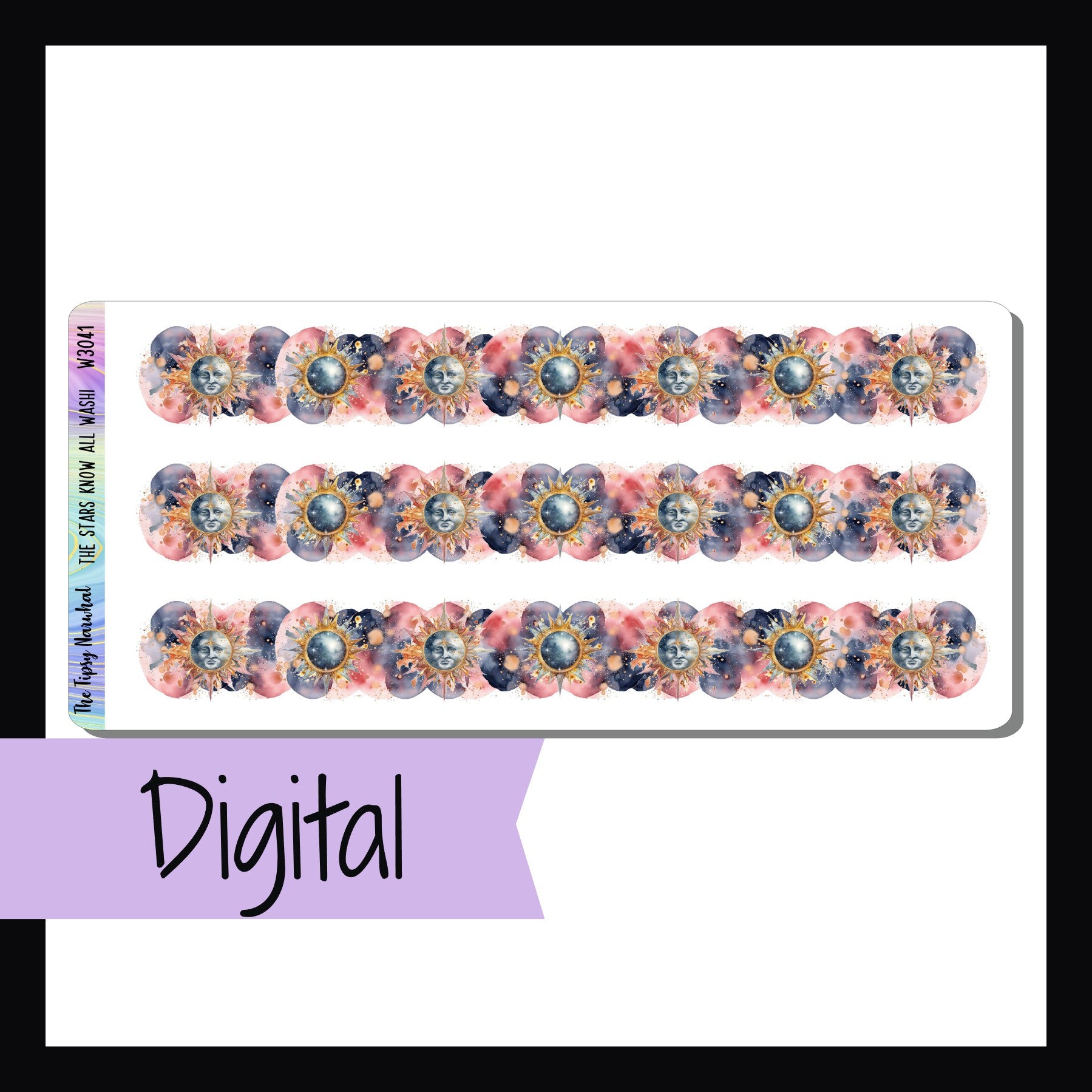 Digital The Stars Know All Washi sheet on white background. This printable planner sticker features washi with a celestial sun and moon theme. Navy and pink color palette. 