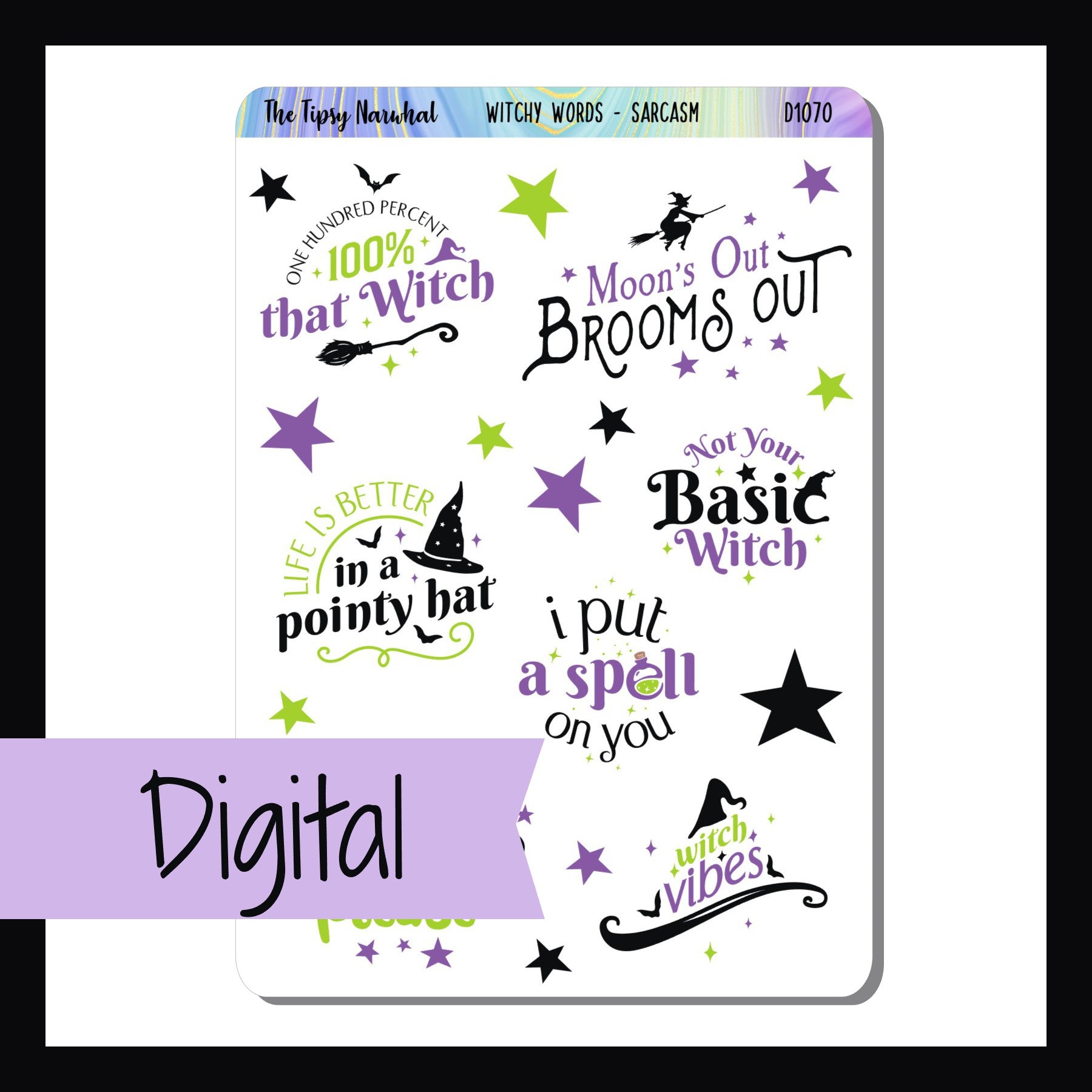 Digital Witchy Words Sarcasm Sheet is a digital/printable version of the sticker sheet by the same name.  It features 7 humorous quotes about magic and witchcraft done in a purple, green, and black color palette. 