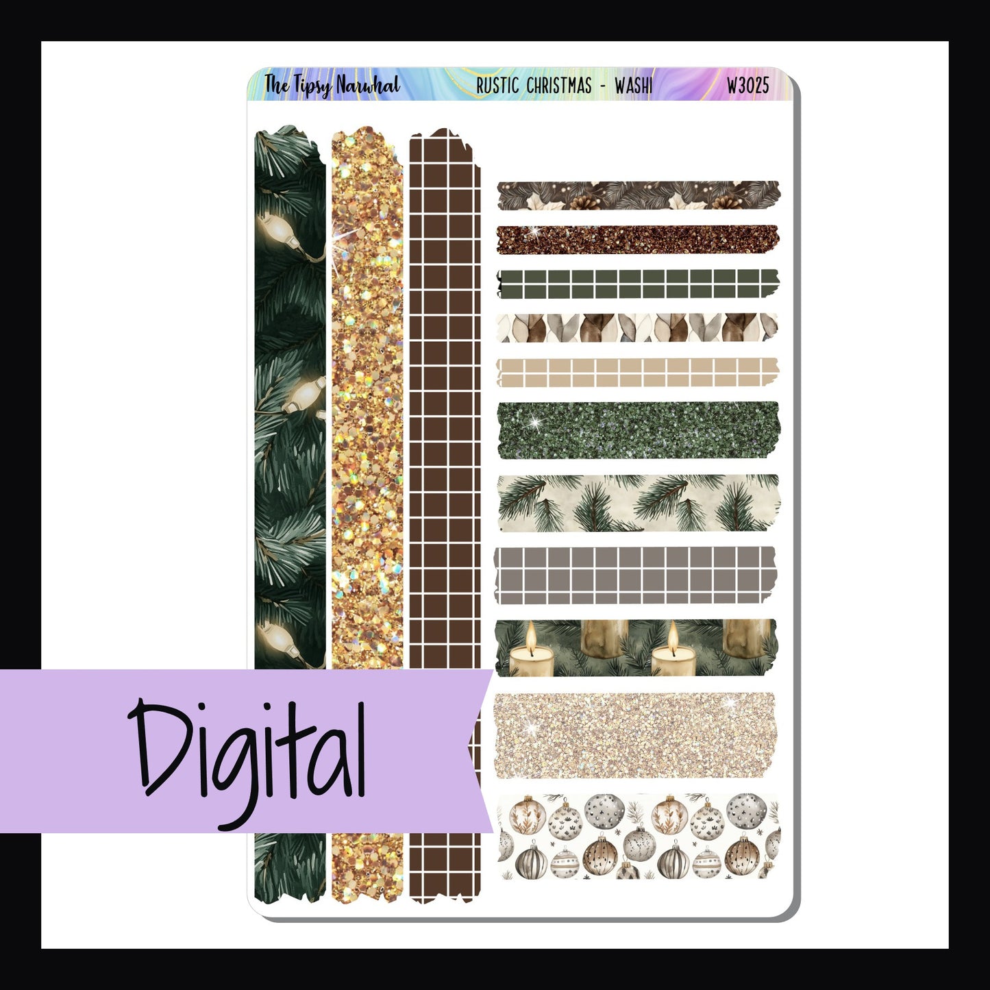 Digital Rustic Christmas Washi sheet is the digital/printable version of the sticker sheet by the same name.  It features 14 strips of washi style stickers each with a unique color or pattern.  Stickers coordinate with the Rustic Christmas sticker kits. 