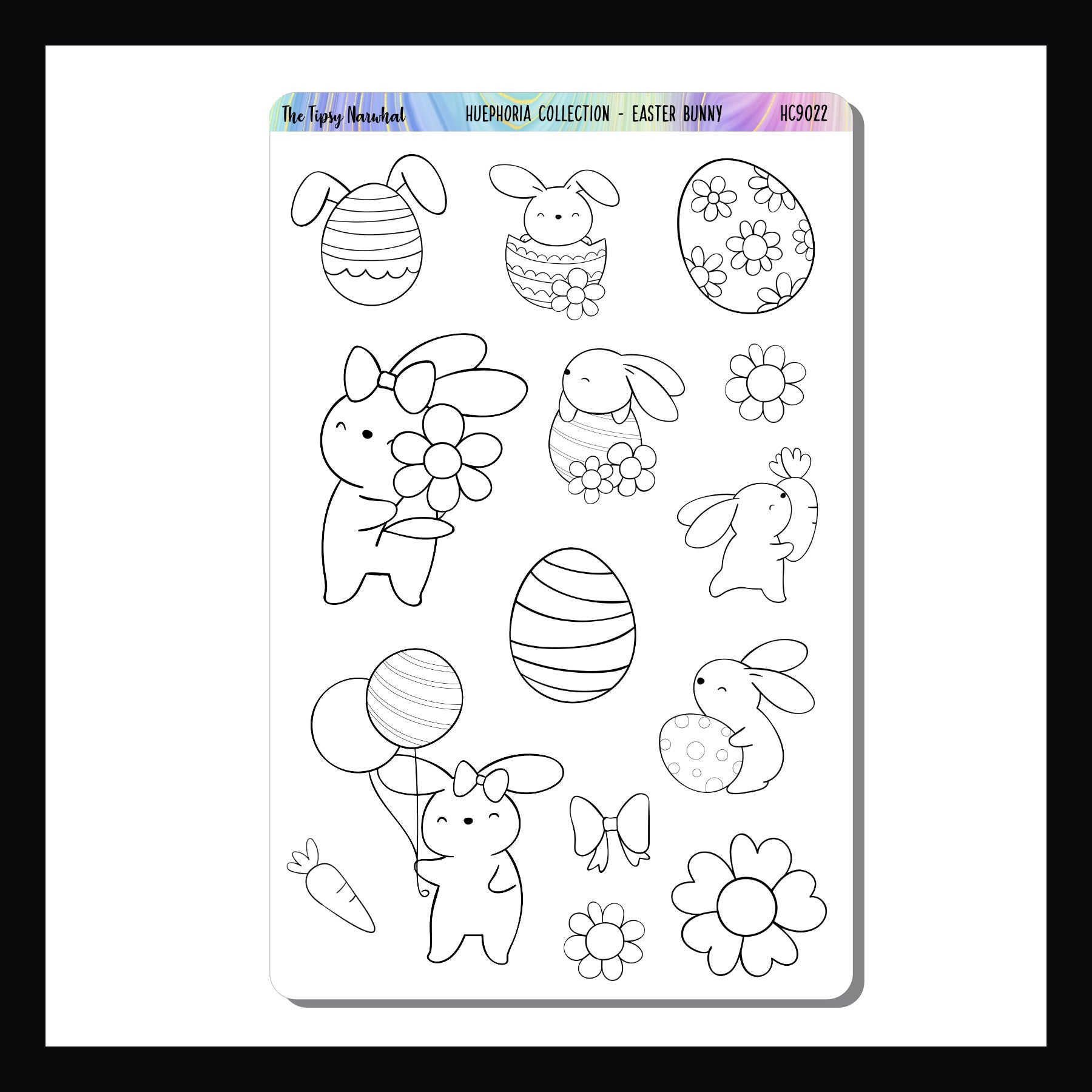 Easter Bunny Huephoria Sticker sheet is a 4.5 x 7 inch sticker sheet featuring a collection of Easter themed stickers.  These bunnies, eggs, flowers and carrots are designed to be colored in with crayons, colored pencils, or markers creating a fully customized sheet of stickers to be used in planners, journals or any Easter project. 