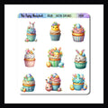 Easter Cupcakes Decor Sheet features 9 Easter themed cupcakes, each decorated with bunnies, chicks, flowers, eggs and pastel sprinkles. 