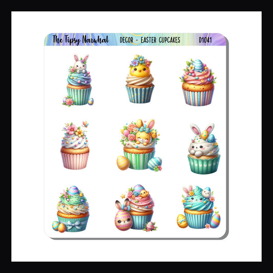 Easter Cupcakes Decor Sheet features 9 Easter themed cupcakes, each decorated with bunnies, chicks, flowers, eggs and pastel sprinkles. 