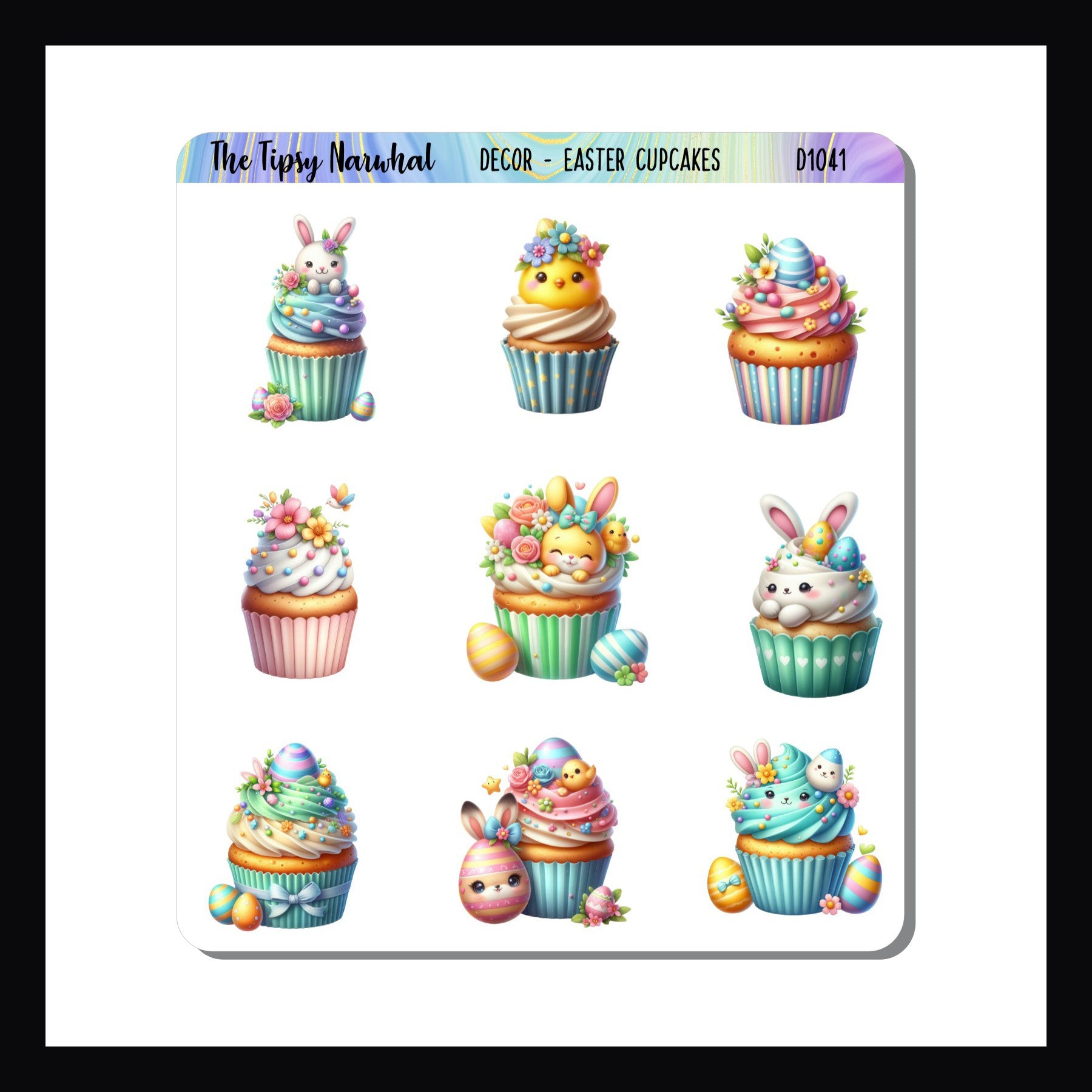 Digital Easter Cupcakes Decor Sheet is a digital download of the Easter Cupcakes Decor Sheet.  Features 9 cupcakes decorated with Easter bunnies, chicks, and eggs. 