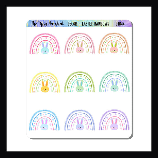 Easter Rainbows Decor Sheet features 9 rainbow stickers, each a different color and with a coordinating rabbit friend. 