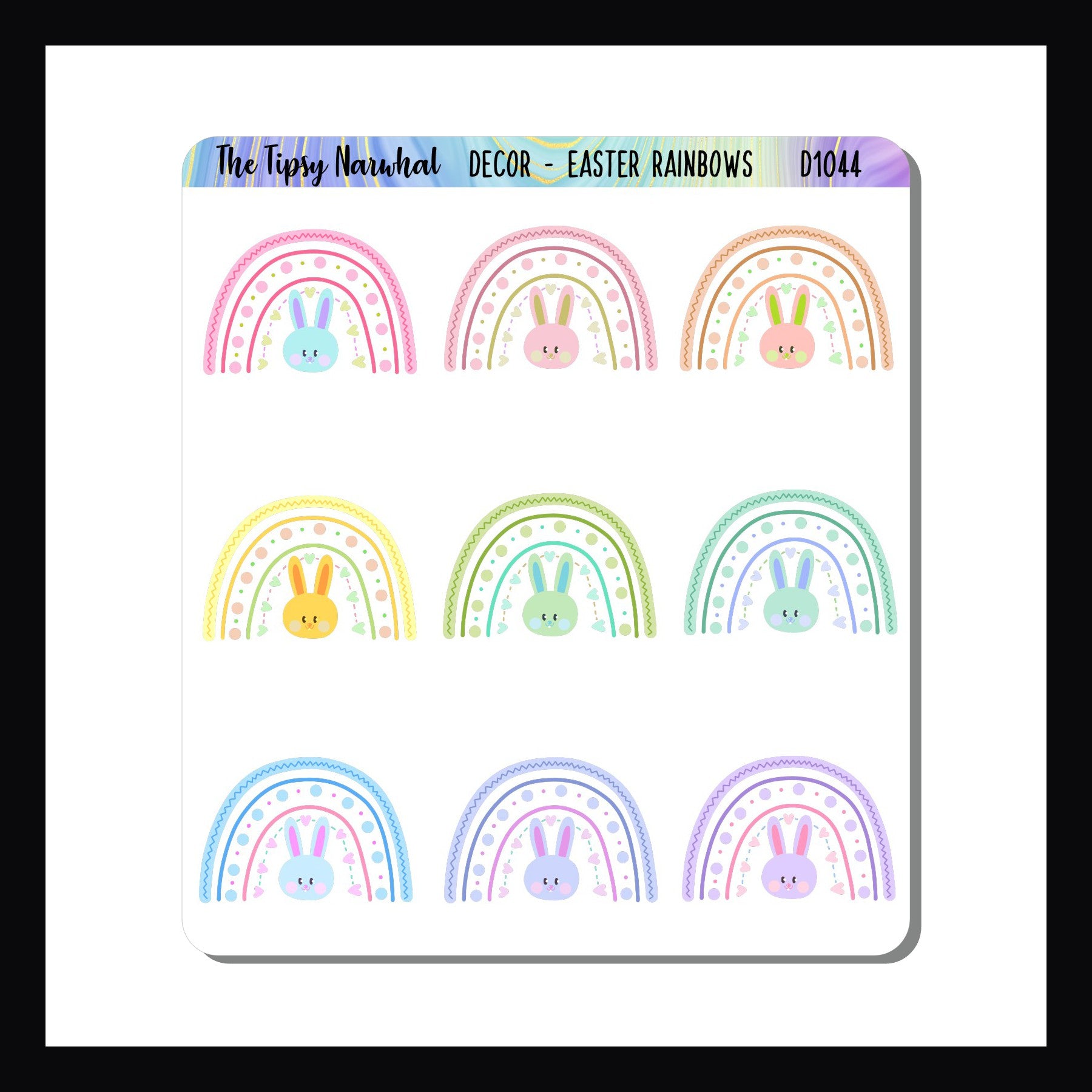 Digital Easter Rainbows Decor Sheet is a downloadable and printable version of the Easter Rainbows Decor Sheet.  It features 9 rainbow stickers of variable colors with a coordinating Easter buddy.