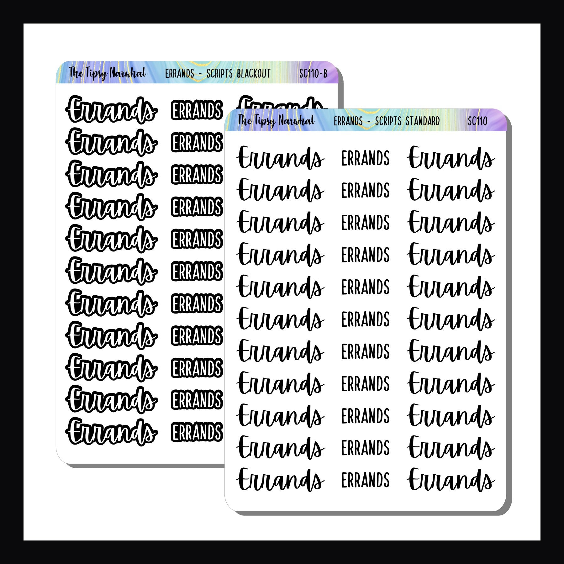 Two sheets of 'ERRANDS' planner stickers with a rainbow border on a white background.