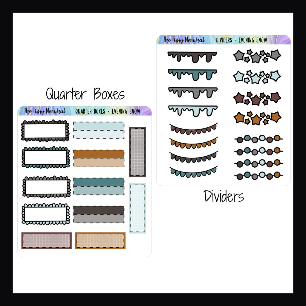 Evening Snow Kit Matching Functional Sheets.  Quarter Boxes sheet features 12 quarter boxes in various styles and colors.  The Dividers sheet features 16 page dividers in various styles and colors.  Both sheets match the Evening Snow sticker kits.