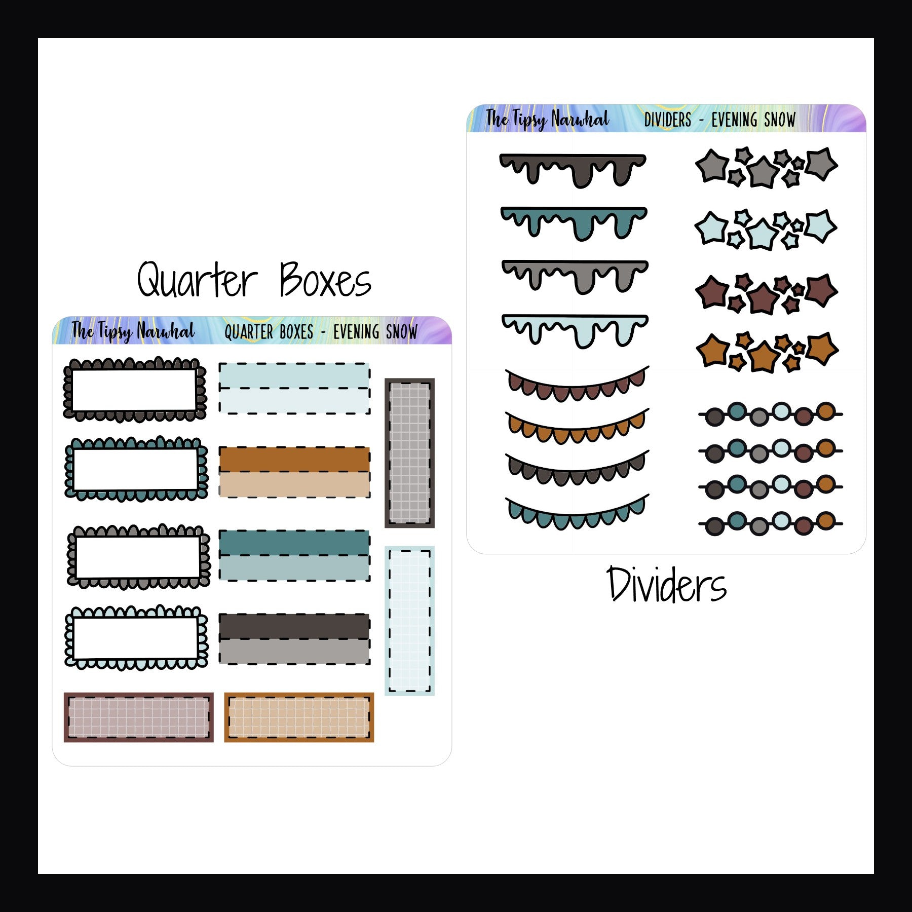 Evening Snow Kit Matching Functional Sheets.  Quarter Boxes sheet features 12 quarter boxes in various styles and colors.  The Dividers sheet features 16 page dividers in various styles and colors.  Both sheets match the Evening Snow sticker kits.