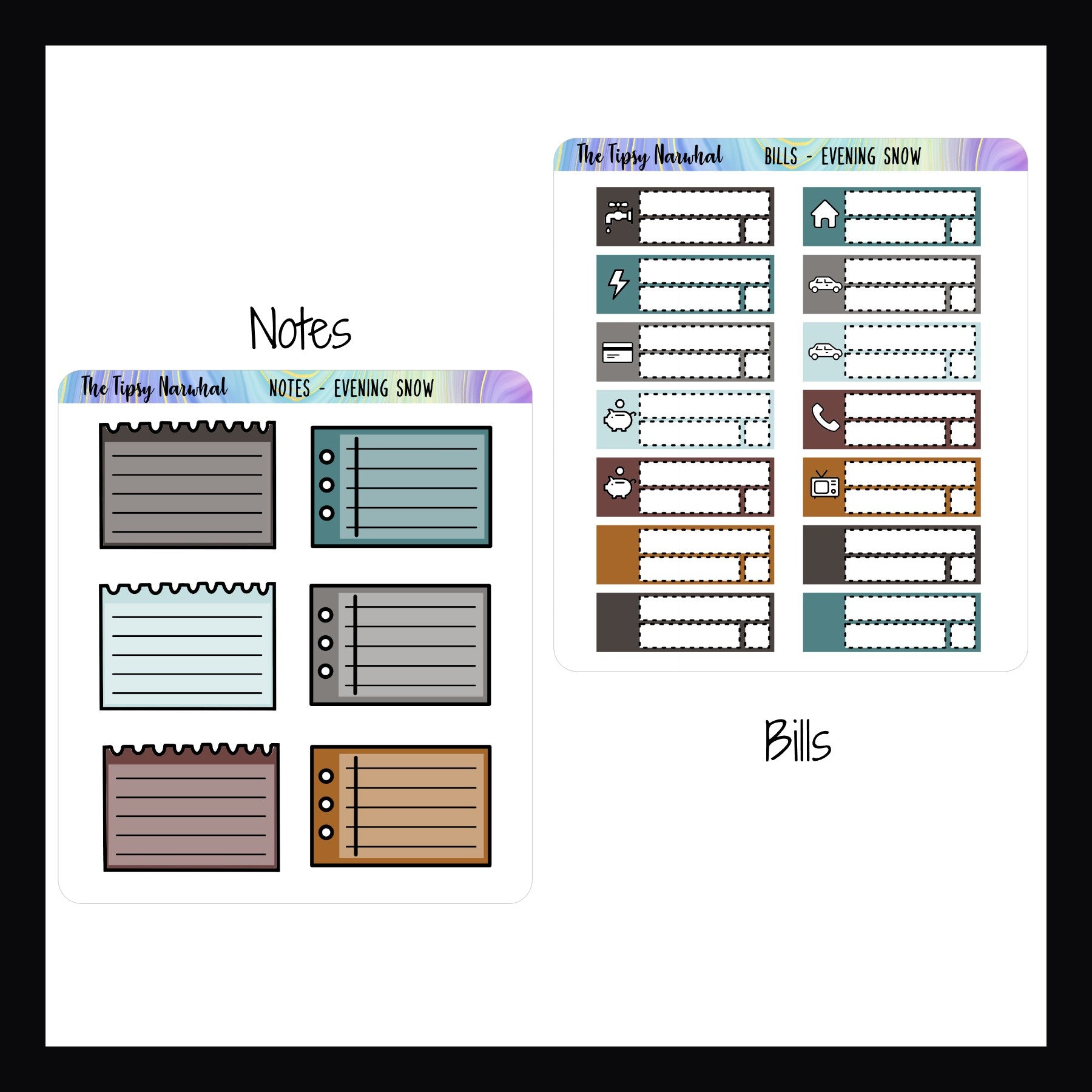 Evening Snow Kit Matching Functional Sheets.  The notes sheet features 6 note style stickers in colors that match the Evening Snow sticker kits.  The Bills sheet features 10 bill tracking stickers for standard bills and 4 additional blank stickers to personalize as needed.