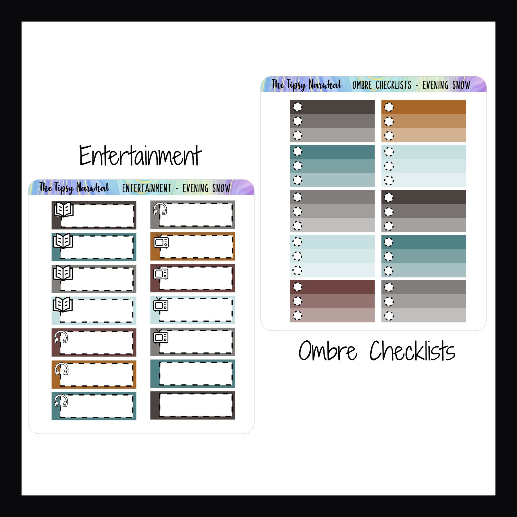 Evening Snow Kit Matching Functional Sheets.  The Entertainment sheet features boxes to track books, TV, Movies, Music or Podcasts listened to.  The Ombre Checklist sheets features 10 ombre checklists all designed in colors to match the Evening Snow sticker kits.