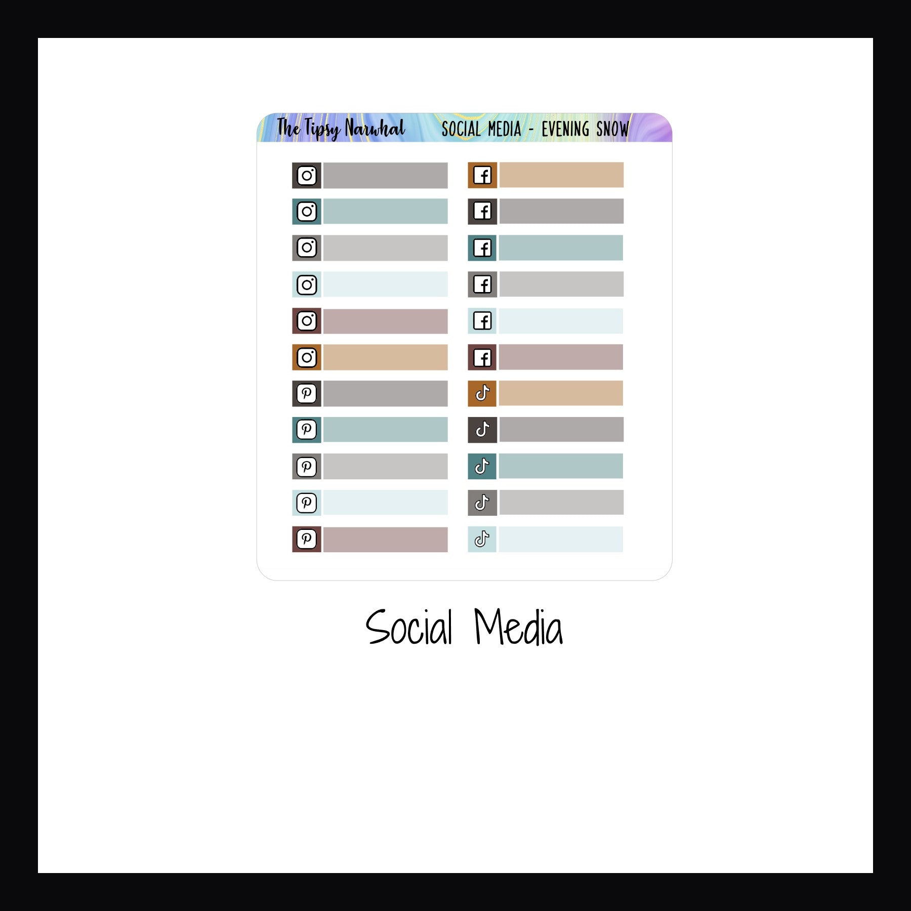 Evening Snow Kit Matching Functional Social Media Sheet - This sticker sheet features multiple skinny stickers to track posts on social media sites such as Instagram, Facebook, Pinterest and TikTok