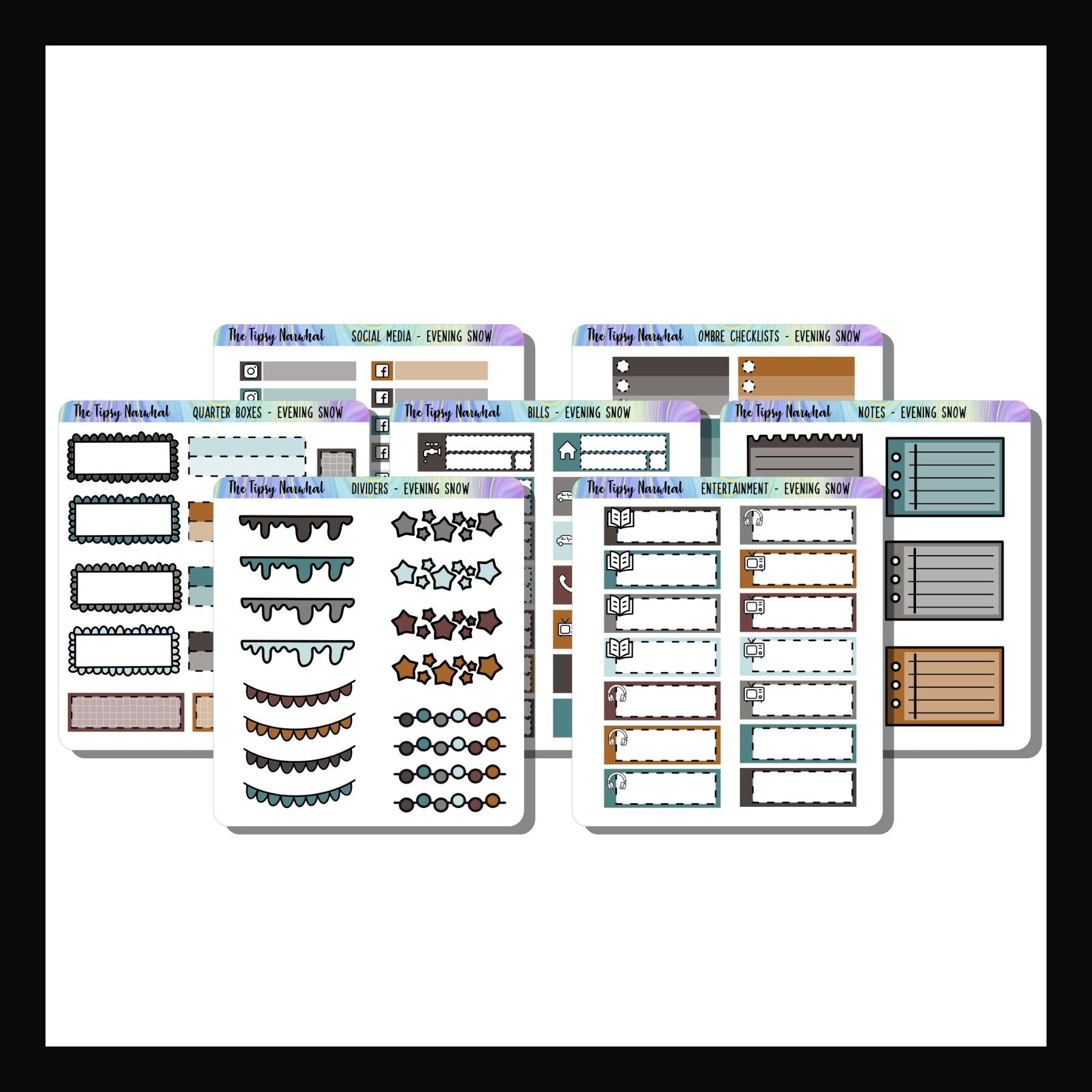 Evening Snow Kit Matching Functionals.  Set of 7 sheets of various functional stickers, all designed to match the Evening Snow sticker kits.