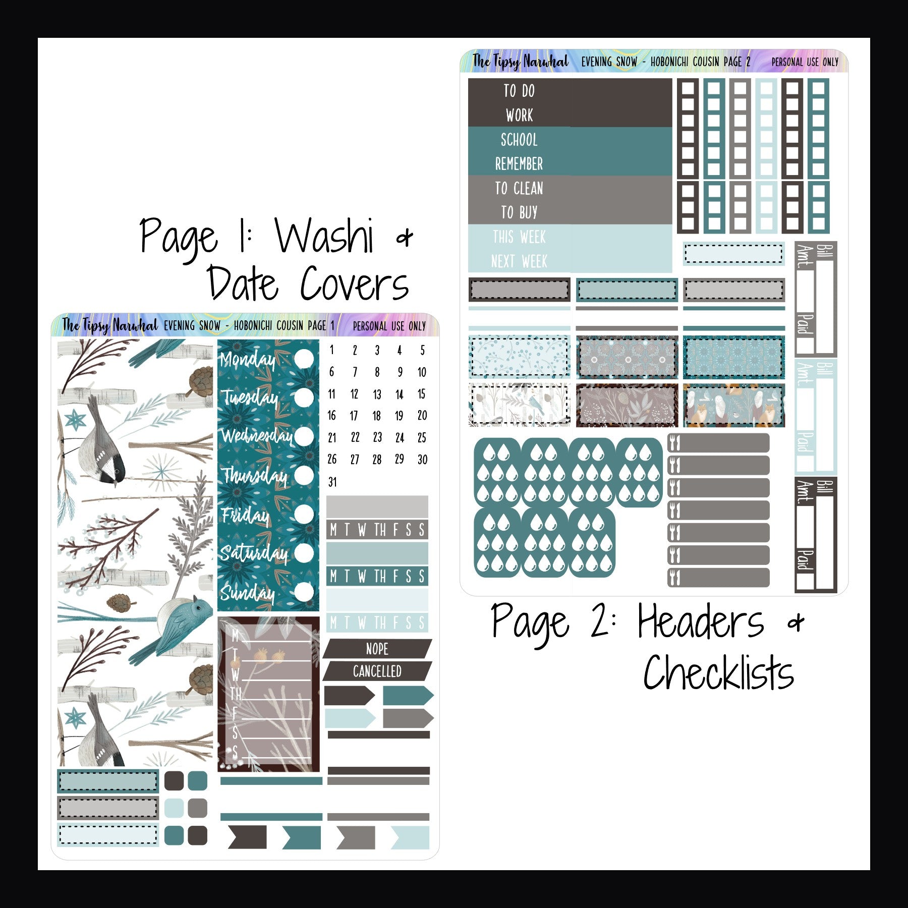Evening Snow Hobonichi Cousin Kit Pages 1 and 2.  Page 1 features Washi strips, date covers, habit trackers, and page flags. Page 2 features hydration tracking, meal tracking, headers and checklist stickers.