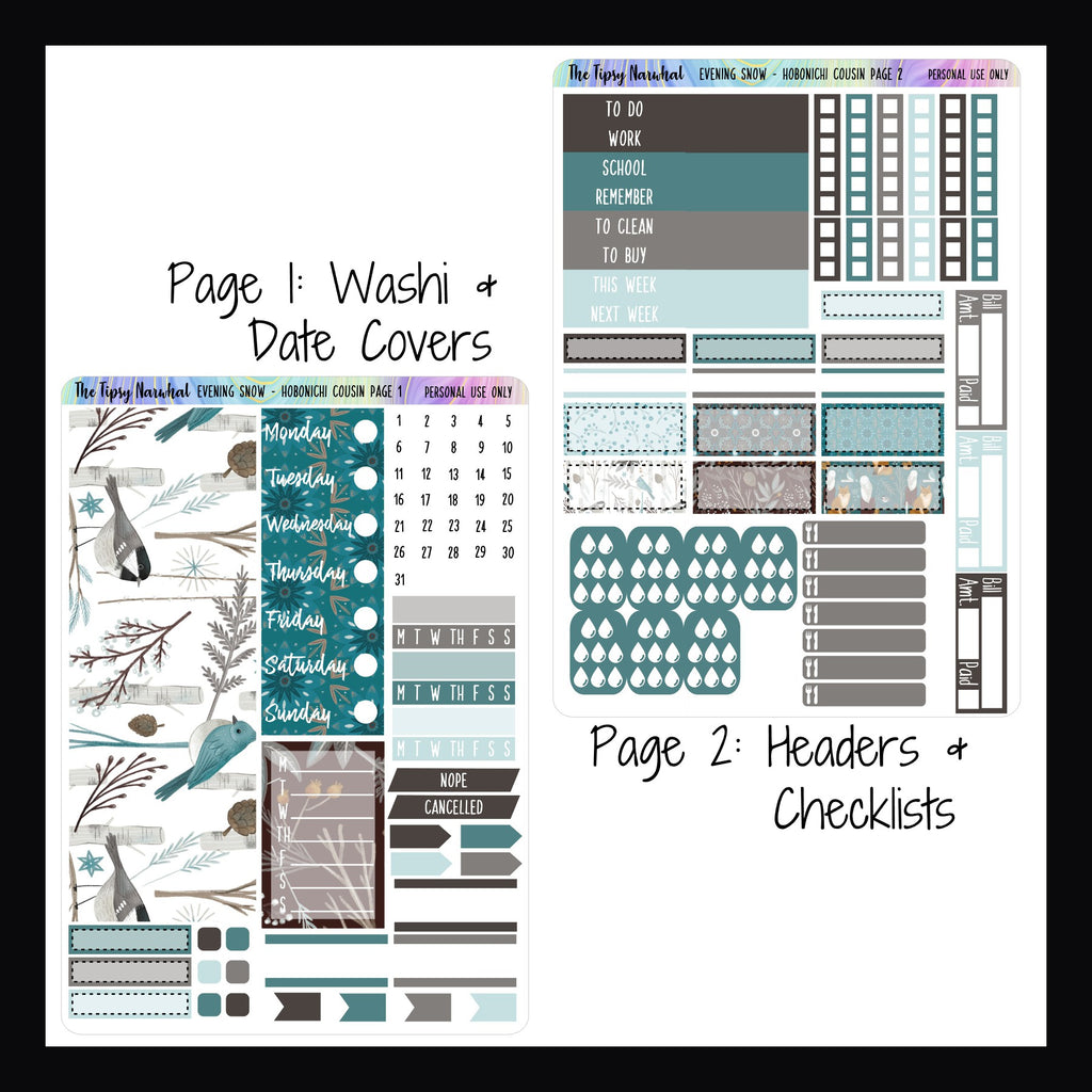 Evening Snow Hobonichi Cousin Kit Pages 1 and 2.  Page 1 features Washi strips, date covers, habit trackers, and page flags. Page 2 features hydration tracking, meal tracking, headers and checklist stickers. 