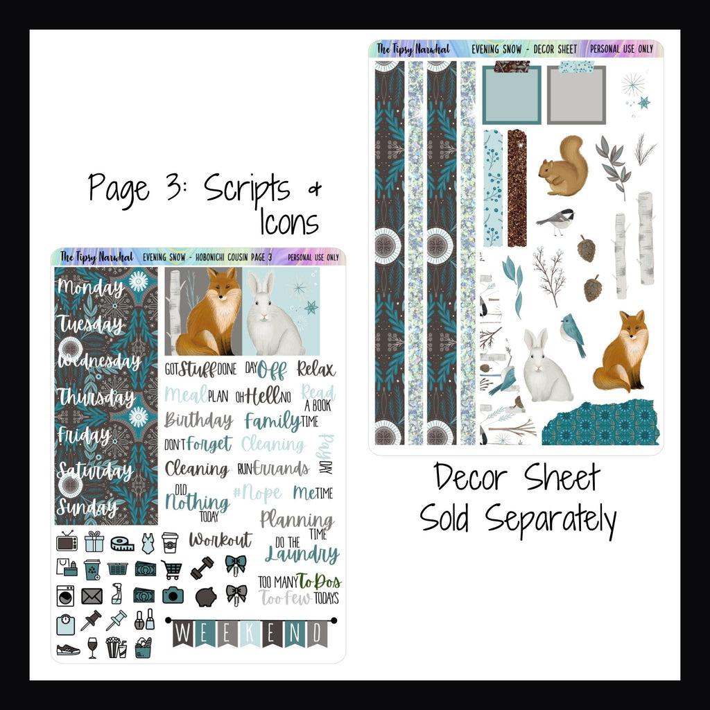 Evening Snow Hobonichi Kit Page 3 and Decor Sheet. Page 3 features Date covers, weekend banner, daily icons and scripts.  Decor sheet features various woodland animal stickers, washi strips and sticky note stickers.