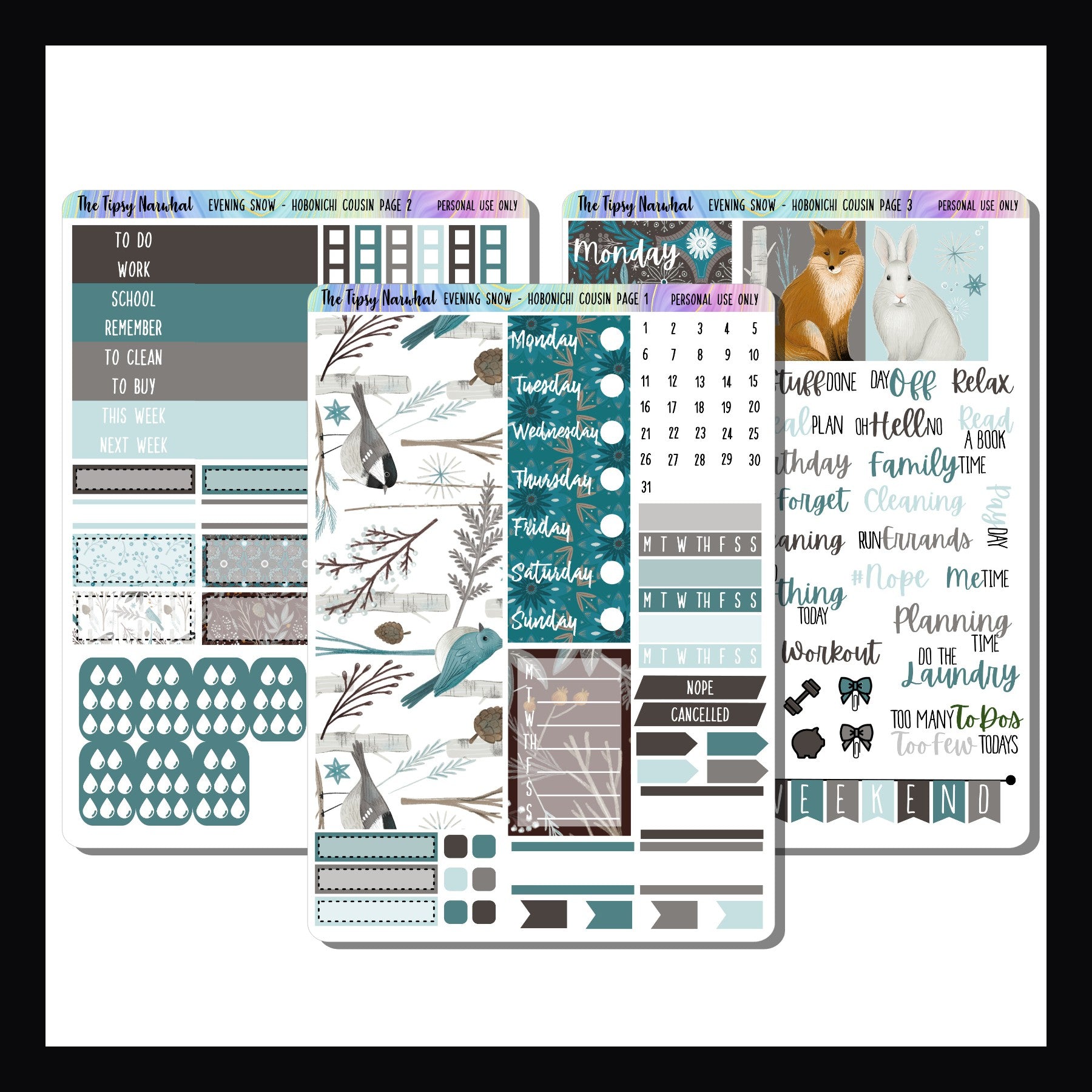 Evening Snow Hobonichi Cousin Kit, Full 3 page kit featuring winter themed stickers sized to fit the Hobonichi cousin.