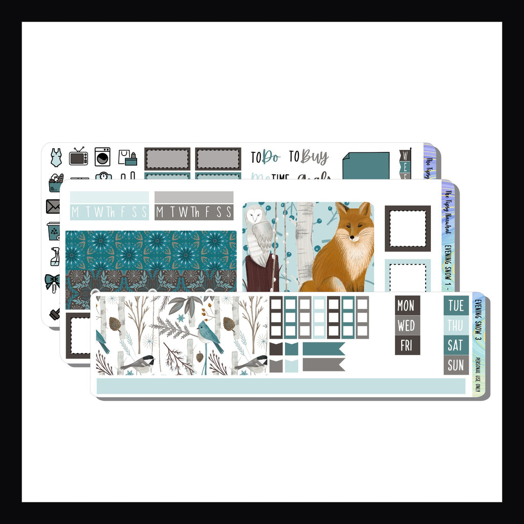 Evening Snow Hobonichi Weeks Kit.  3 Page kit sized to fit the Hobonichi Weeks planner.  Kit features woodland animals in a winter setting.  Color palette of blues, grays and brown. 