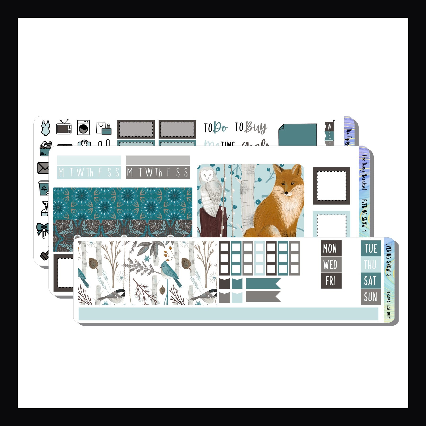 Evening Snow Hobonichi Weeks Kit.  3 Page kit sized to fit the Hobonichi Weeks planner.  Kit features woodland animals in a winter setting.  Color palette of blues, grays and brown. 